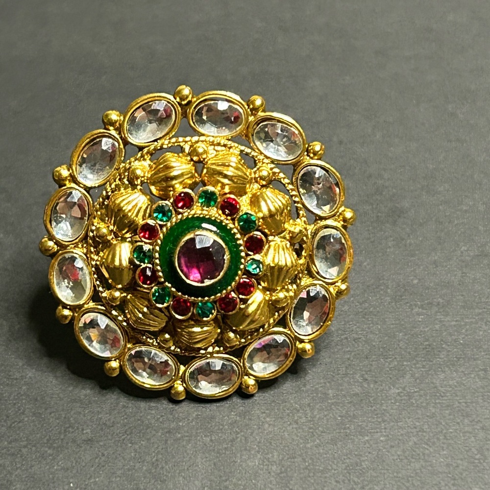Gold Tone Adjustable Statement Ring Red Green Crystal Halo